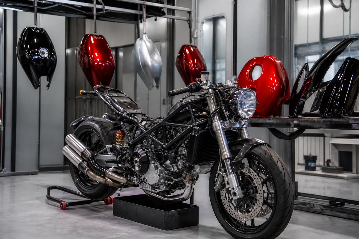 Roadster italien à cadre treillis apparent, réservoir déposé pour préparation
