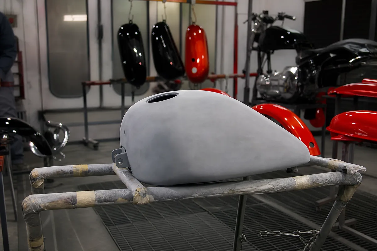 Réservoir de Fat Bob posé sur tréteaux, apprêt gris poncé prêt pour la teinte