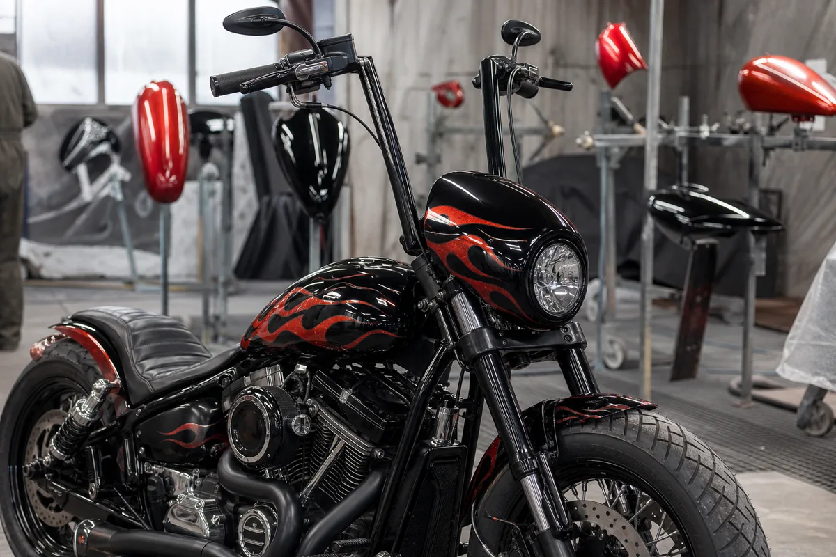 Tête de fourche compacte et guidon haut sur une Softail préparée en clubstyle