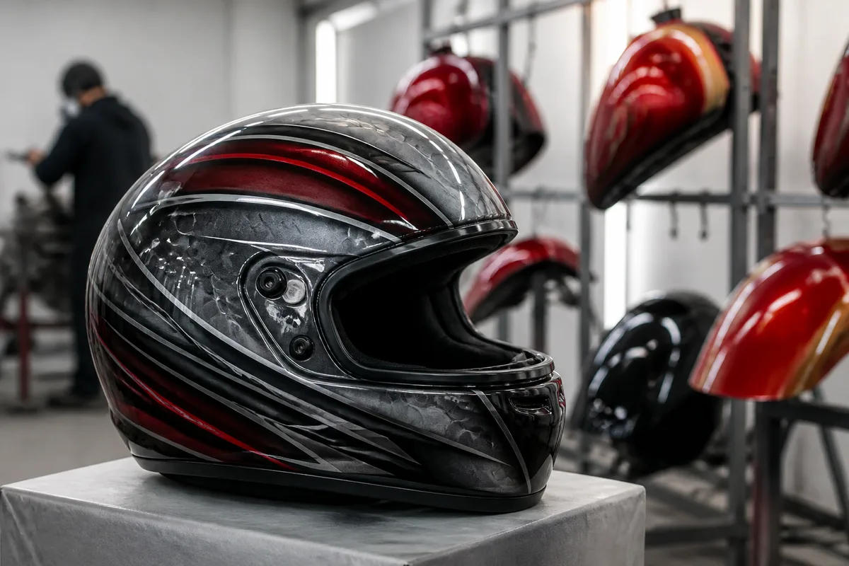Casque décoré à l’aérographe avec dégradé gris et rouge sur fond neutre